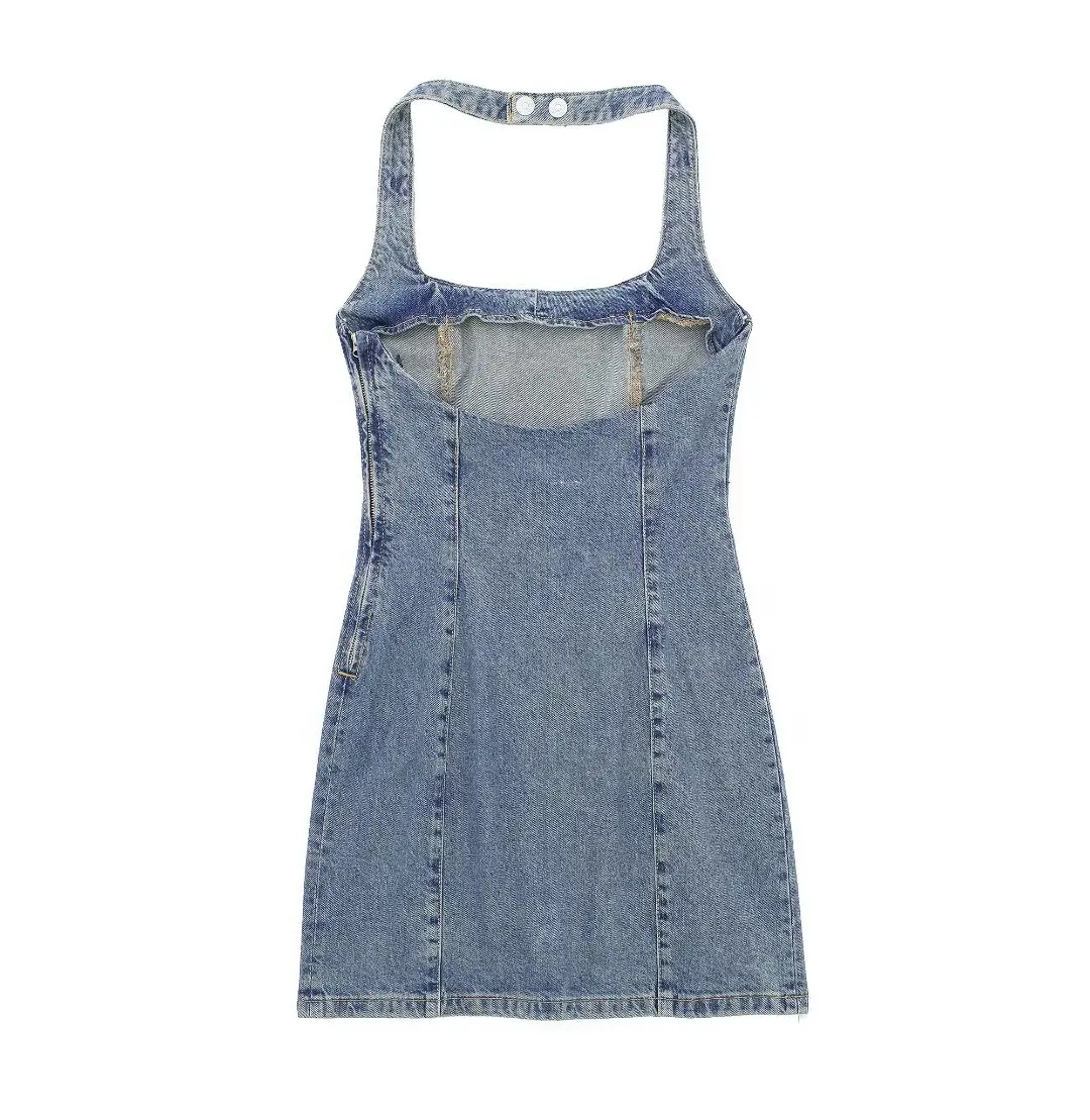 Tangada 2024 Summer Women Elegant Denim Halter Dress Sleeveless Zipper Female Mini Dresses 3H0223