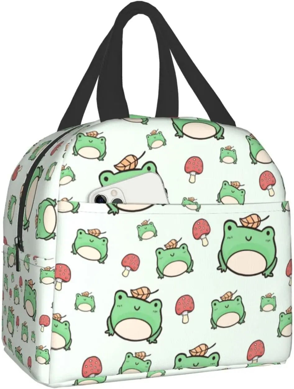 Cute Green Frog and Mushroom Lunch Bag Travel Work Bento Cooler Reusable Tote Picnic Boxes Insulated Container Bags for Adults