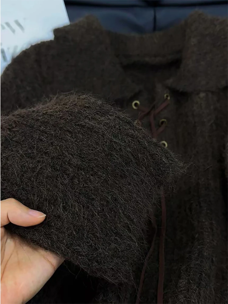 Sweter retro z kołnierzykiem, sznurowany, w stylu koreańskim, z długim rękawem, gruby, dzianinowy, jesienno-zimowy, luźny, termiczny, damski pulower