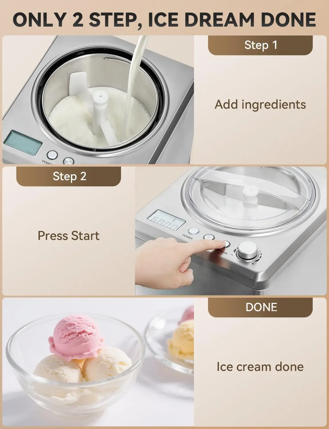 2.64 Qt Ice Cream Maker, Largest Capacity & Fast Freezing Ice Cream Machine with Built in Compressor Easy Operate & Clean Ice