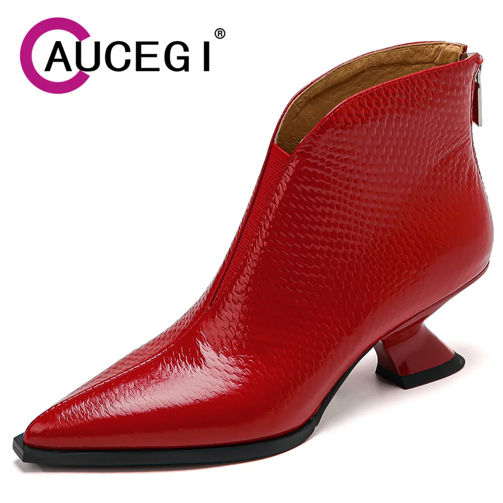 

Aucegi New Autumn Winter Embossed Leather Ankle Boots Pointed Toe Low Thick Heel Genuine Leather Vintage Zipper Party Shoes