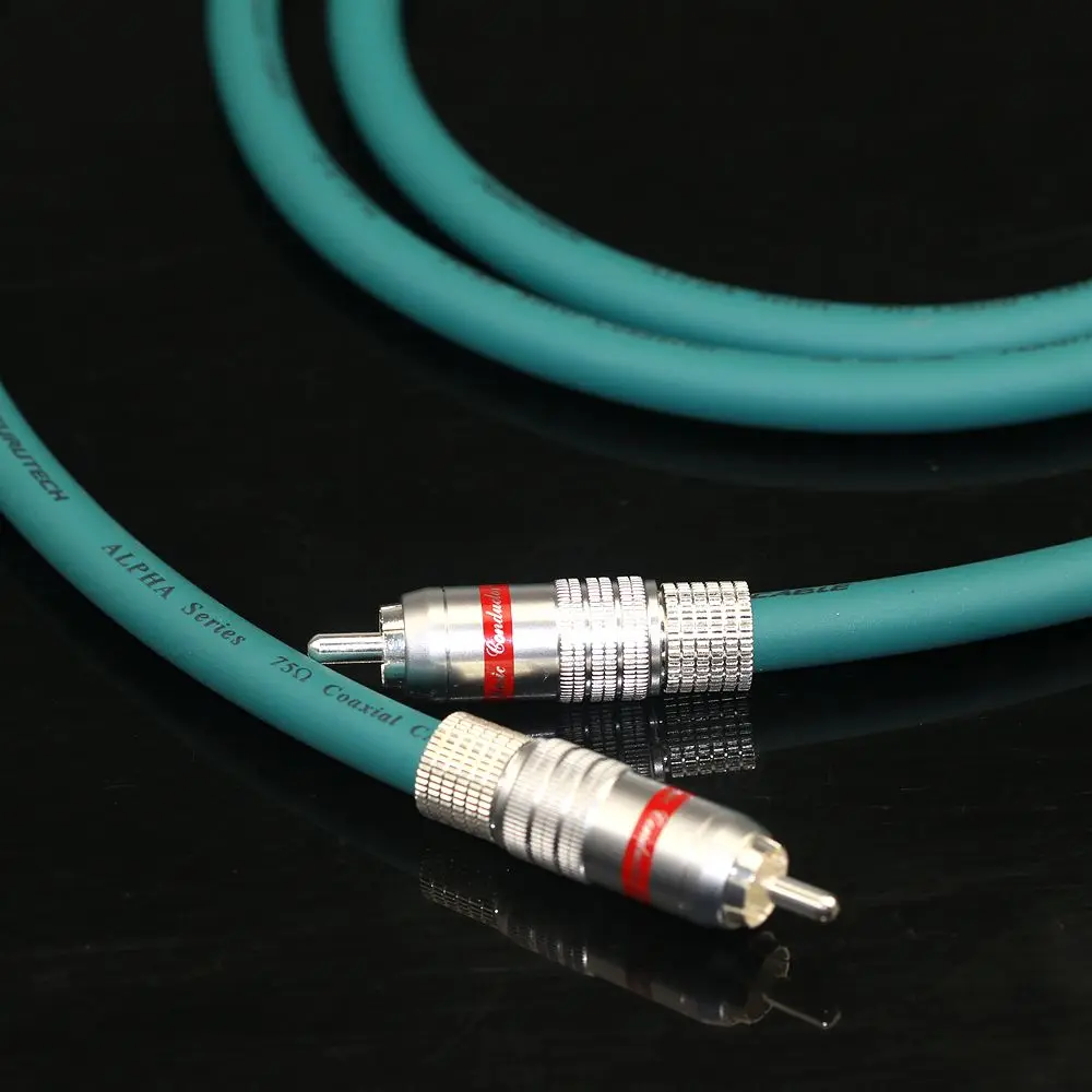 The original FURUTECH FX-Alpha-Ag sterling silver 75 ohm coaxial audio digital cable is connected to the silver plated CMC plug