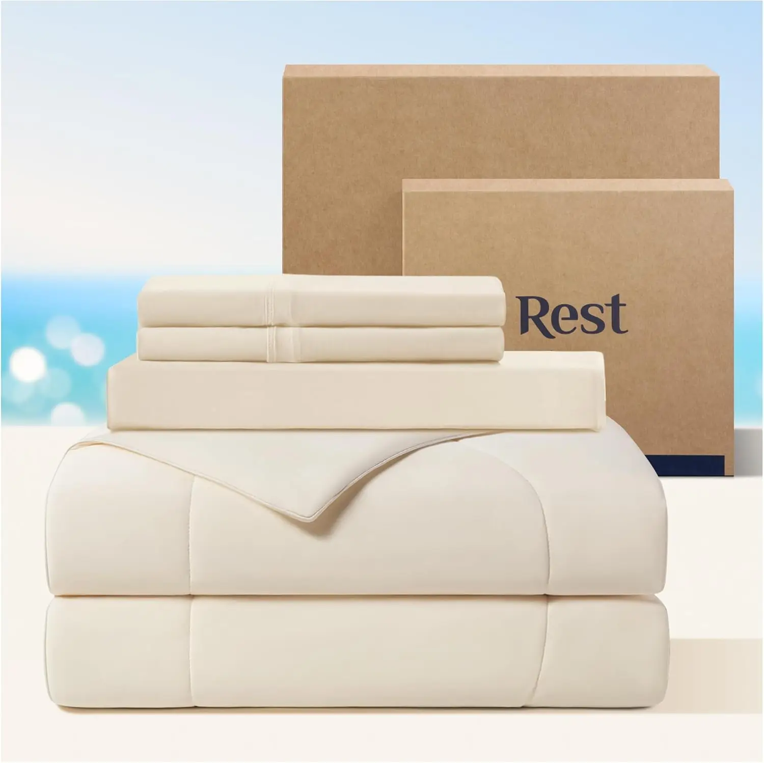 Rest® Evercool®+ Cooling Comforter Set, Twin Size Snow Ivory, 4Pcs With Cooling Blanket, Wrinkle-Free Deep Pocket Fitted Sheet,