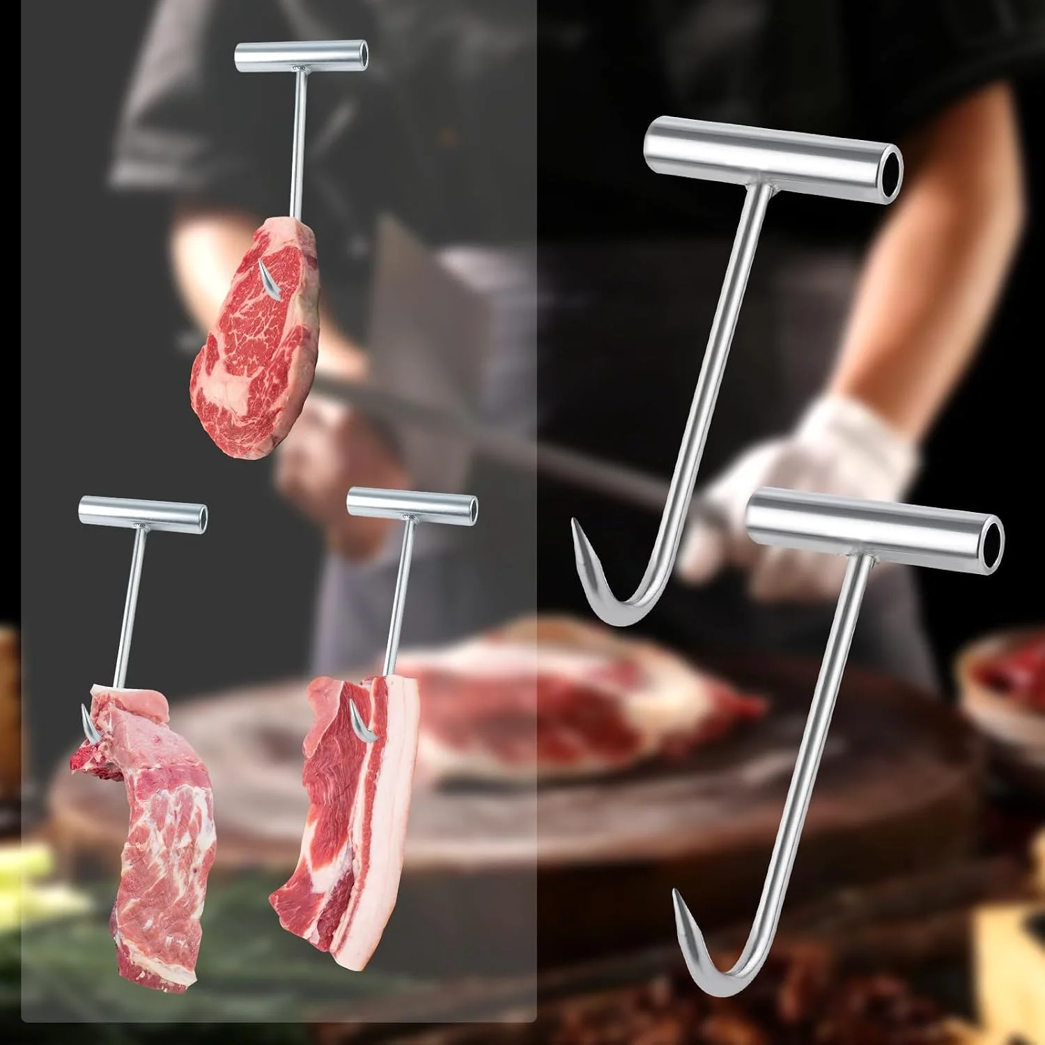 2PCS T-Handle Meat Boning Hook Stainless Steel T Hooks Kitchen Butcher Shop Restaurant BBQ Tool T-Shaped Butcher's Hook