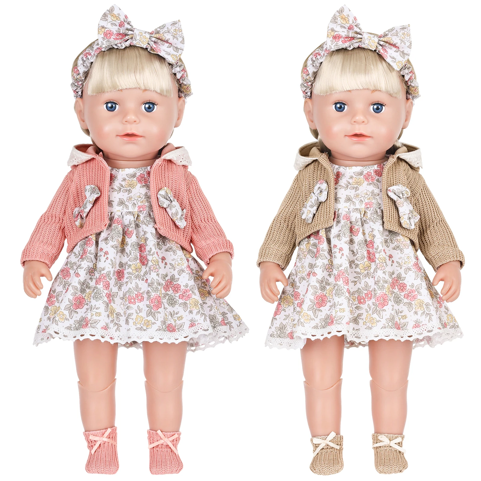 Cute Doll Clothes for 16-18 Inch Baby Doll Knitted Cardigan Floral Dress Set with Headband Socks for 40-45cm Baby Dolls Girls Gi