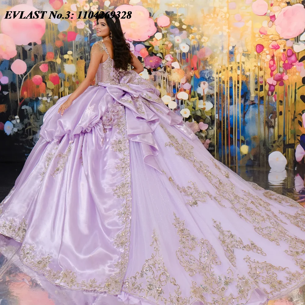 EVLAST Customized Shiny Lilac Lavender Quinceanera Dress Ball Gown Gold Lace Applique Beaded Sweet 16 Vestido De 15 Anos E3Q210