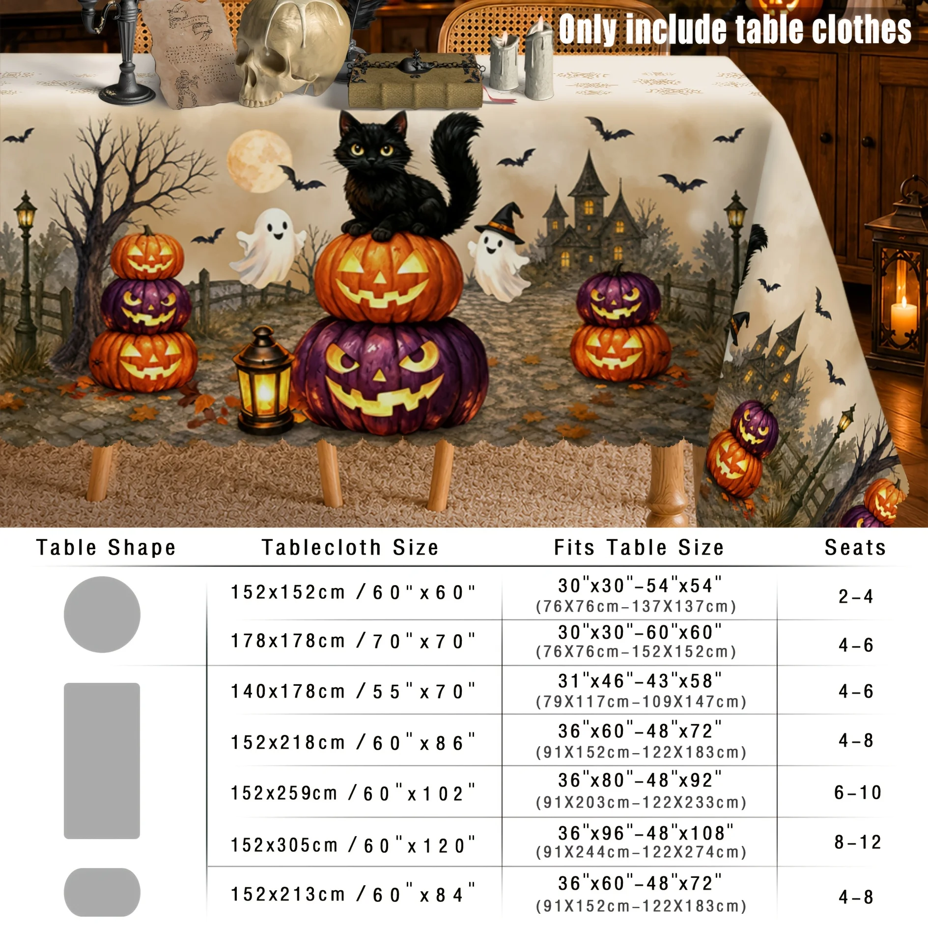 1 piece, retro Halloween black cat tablecloth, black cat standing on a stack of pumpkins, with ghosts and bats