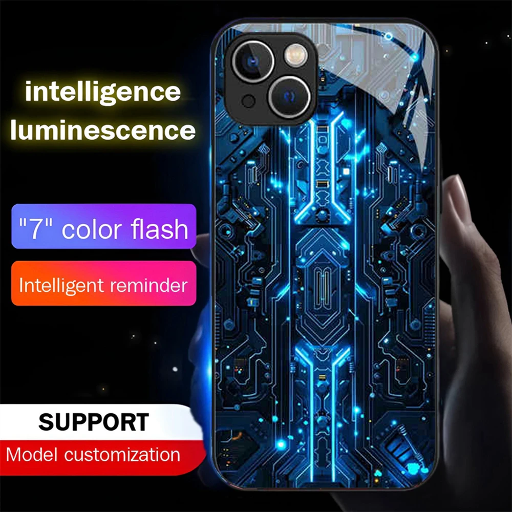

Luxury Blue Chip Pattern LED Light Glow Luminous Tempered Glass Back Phone Case For Samsung S25 S24 S23 S22 S21 FE Plus Ultra