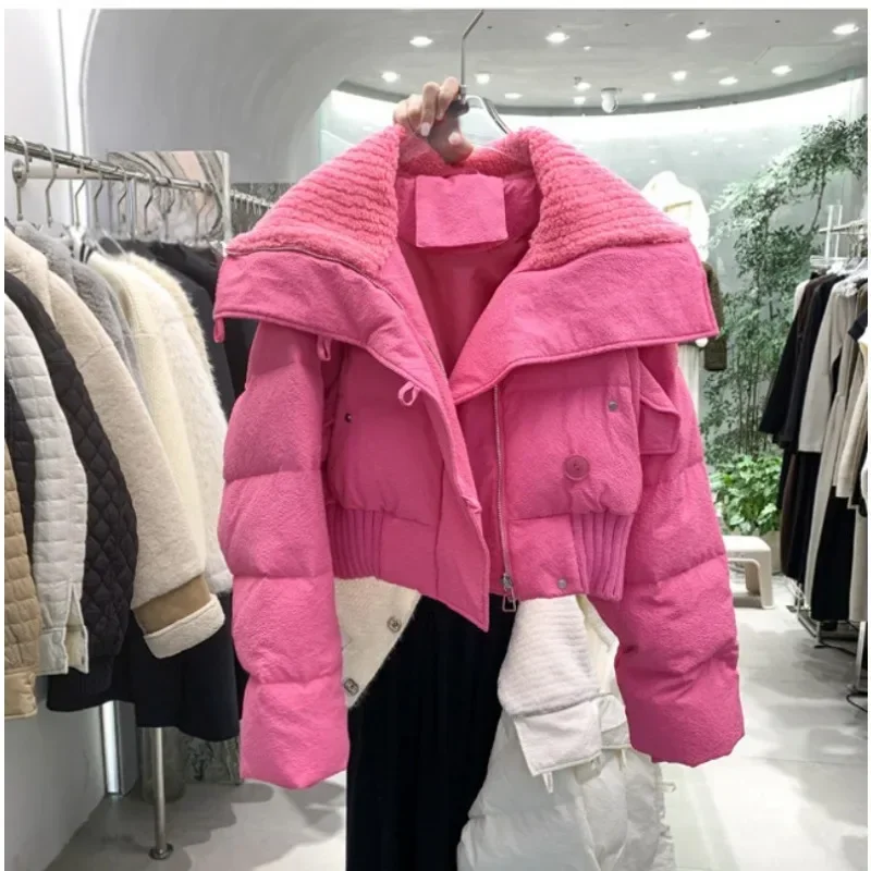 2023 Korean Chic Knit Collar Autumn Winter Coat Women Thickened Puffer Jacket Loose Parka Warm Cotton-padded Jacket Short Coats