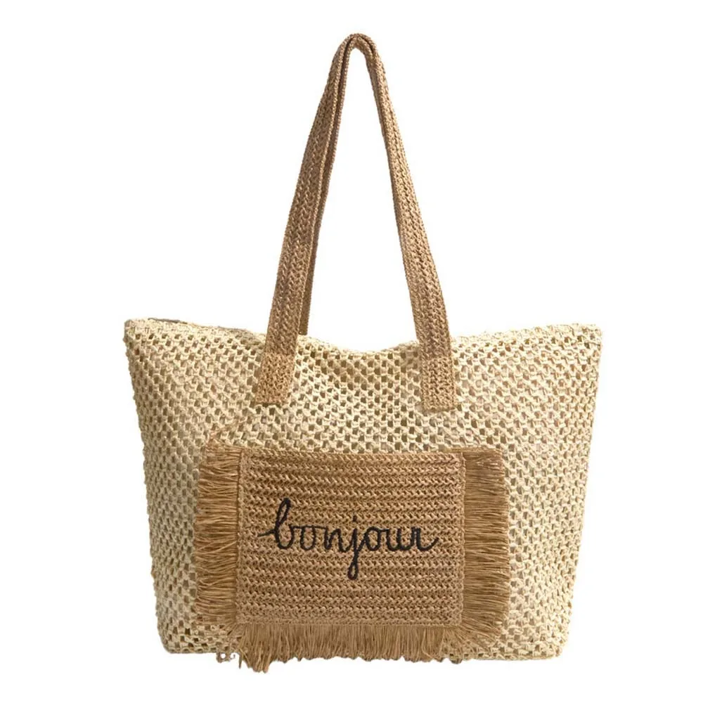 

Sweet Straw Woven Tote Bag Large Capacity Contrast Color Commuting Shoulder Bag Lightweight Polyester Seaside Vacation Handbag