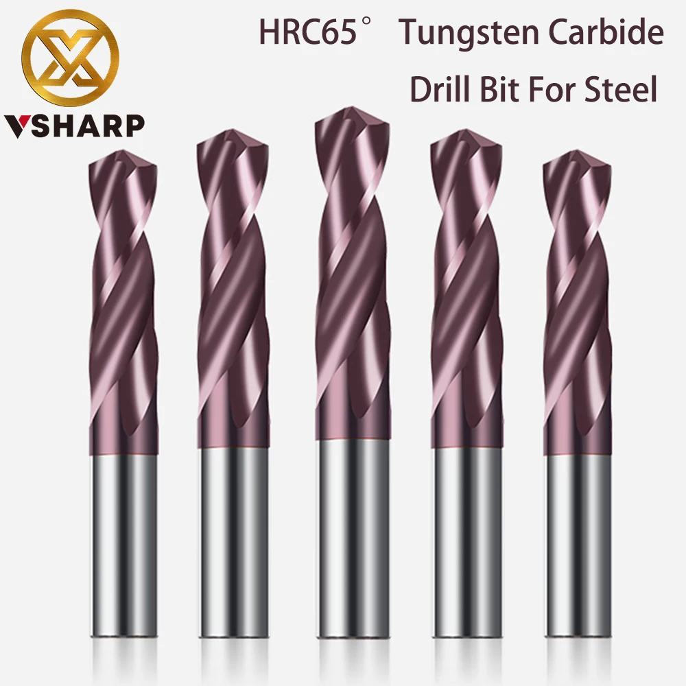 Vsharp HRC65° Solid Carbide Twist Drill Bit Tungsten Steel Alloy Drill Bit with Nano Coating for Cast Iron Alloy Stainless Steel