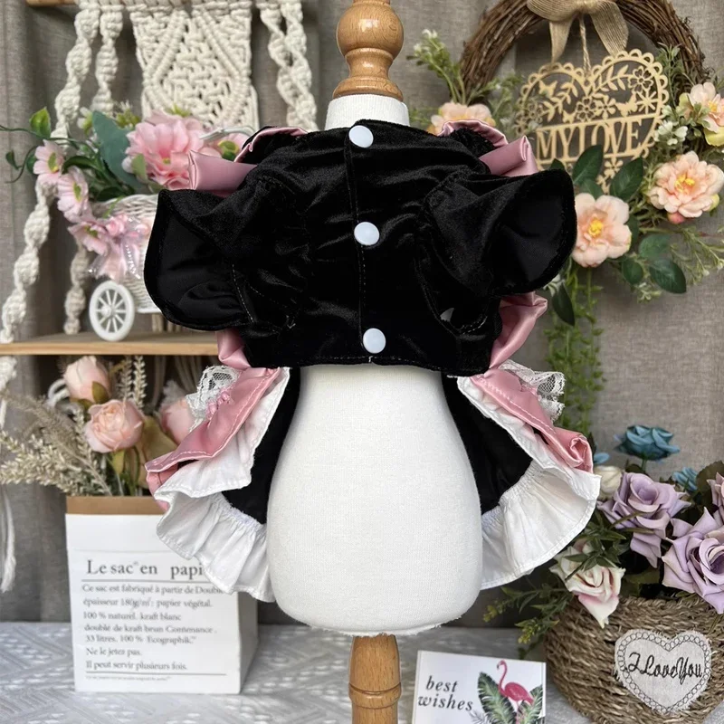 Original Handmade Pet Dog Cats Clothing Retro Black Pink Velvet Bow Cute Princess Dress For Small Medium Dog Puppy Clothes Coat