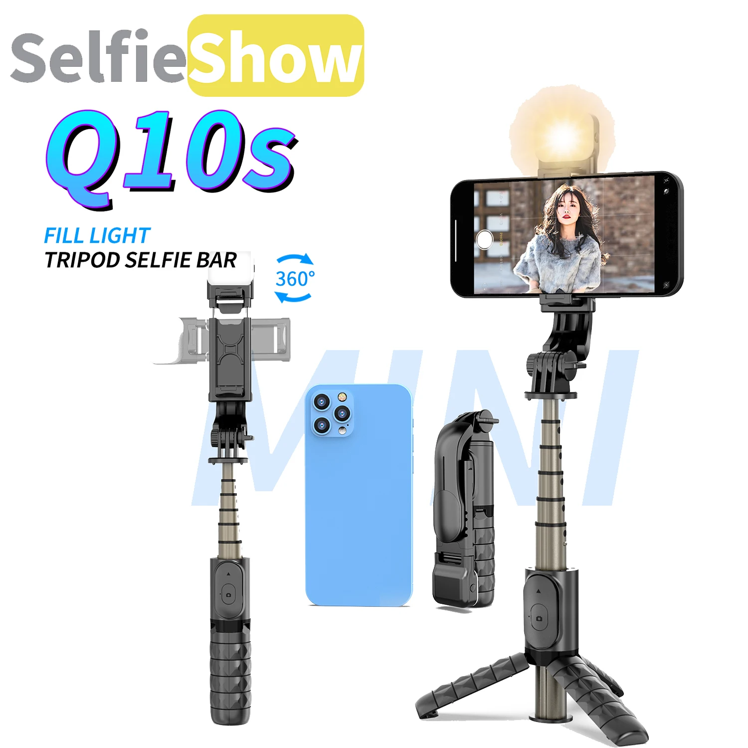 

Selfieshow Q10s Aluminum Alloy Mini Bluetooth Tripod Selfie Stick With Fill Light Stabilizer Tripe Holder Stand for Cell Phone