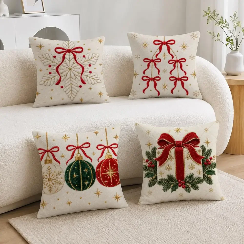 Vintage Embroidery Bell Xmas Decor Motif Cushion Cover Soft Plush Fluffy Throw Pillow Cases for Sofa Bedroom Home Decor