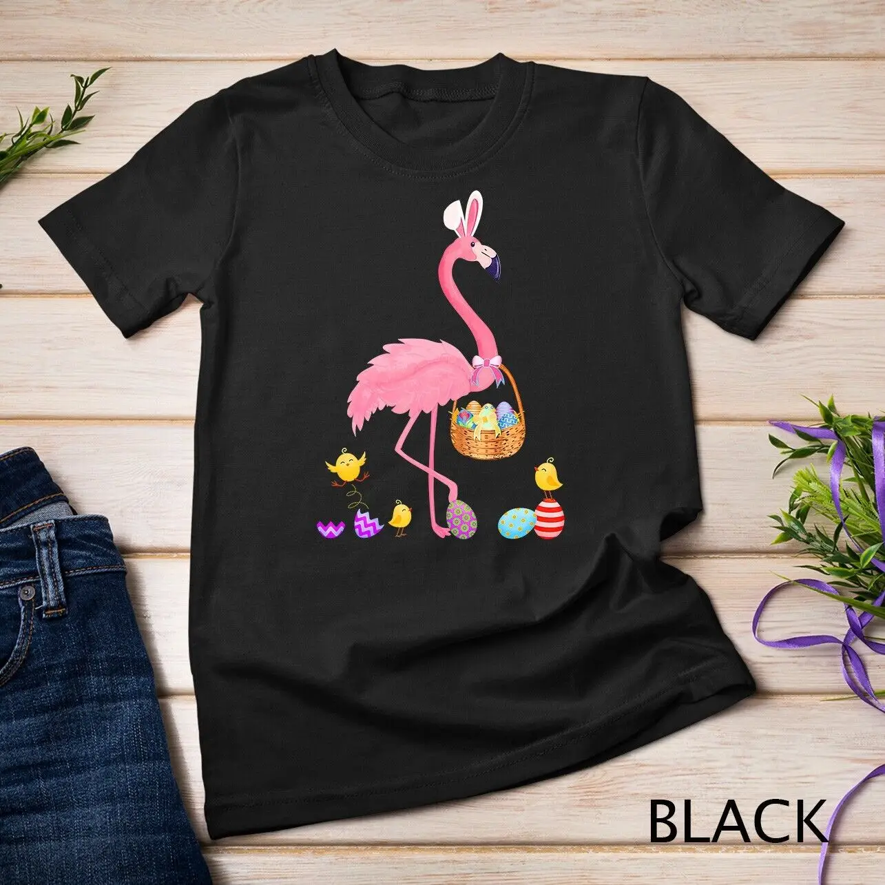 Pretty Easter Flamingo with Easter Basket T-Shirt Unisex T-shirt