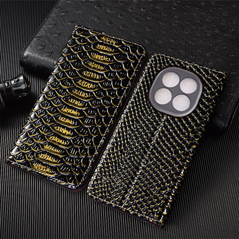 

Genuine Leather Flip Case For Redmi Note 11 11S 11T 12 12S 13 13R 14 15 Poco Pro Plus Max 4G 5G Phone Cover Cases Dragon Scale