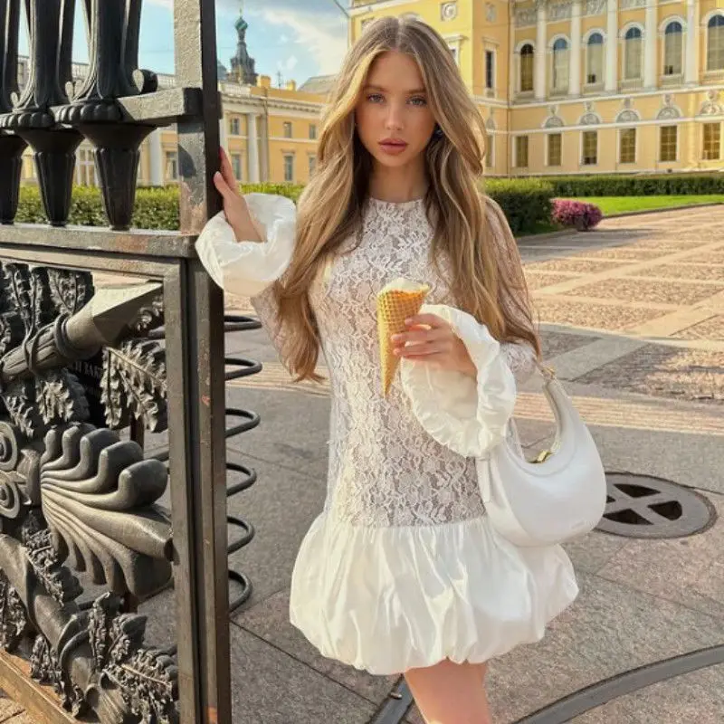 

2025 spring European and American new lantern sleeves long sleeves sweet and fresh French waist lace skirt