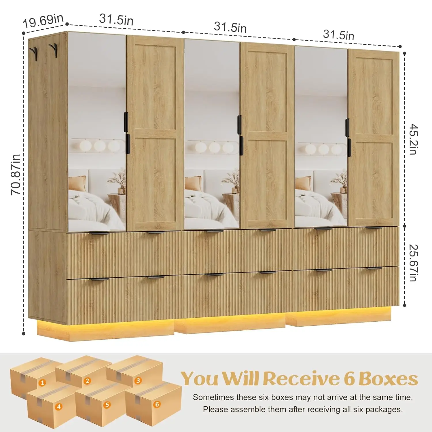 AKASEPT 6 Doors Armoire Wardrobe Closet, 94.5“W Armoire with 3 Pegboards | Armoires and Wardrobes with 6 Drawers, 3, Customized