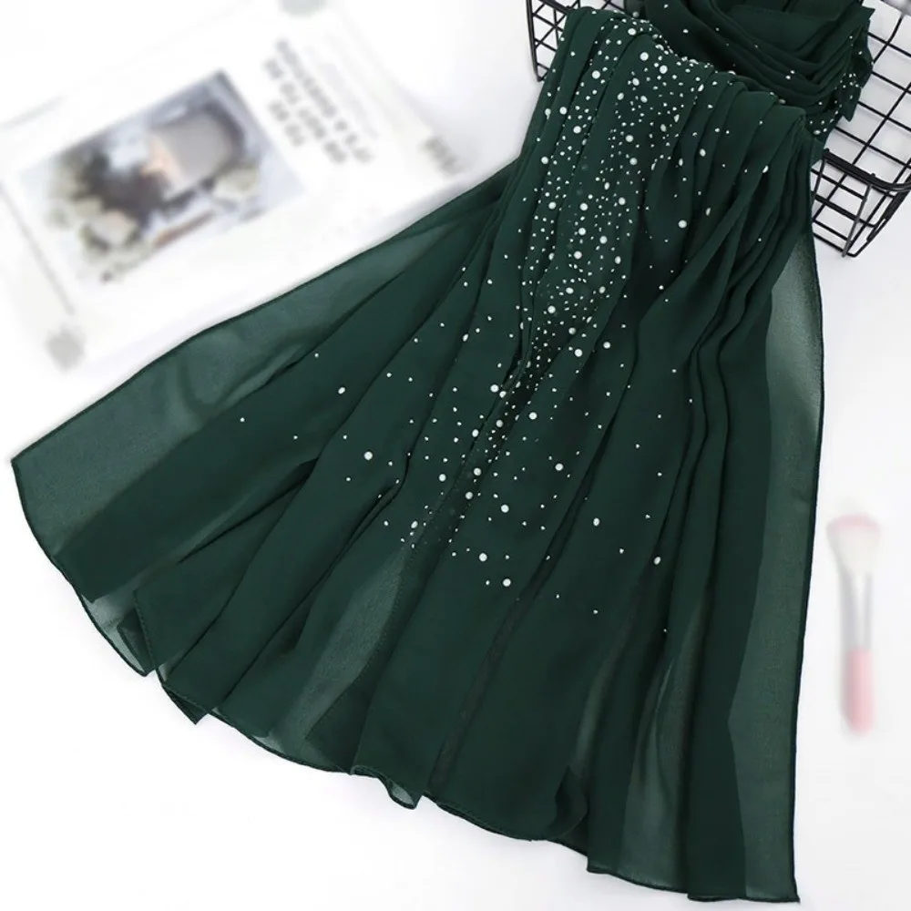 Fashion Plain Hijab Shawls Pearl Beads Solid Color Head Wraps Thick Breathable Chiffon Scarf