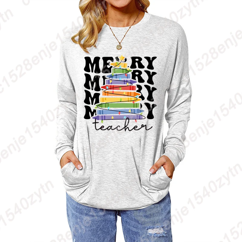 

Merry Teacher Christmas Crayon Pocket Long Sleeve T-shirts Women Casual Sweatshirts Fit Tunic Tops Comfy Fashion Pullovers S-XXL