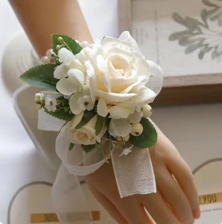 Marfim pulso corsage dama de honra irmãs flor artesanal artificial seda rosa pulseira flores para casamento dança festa decoração