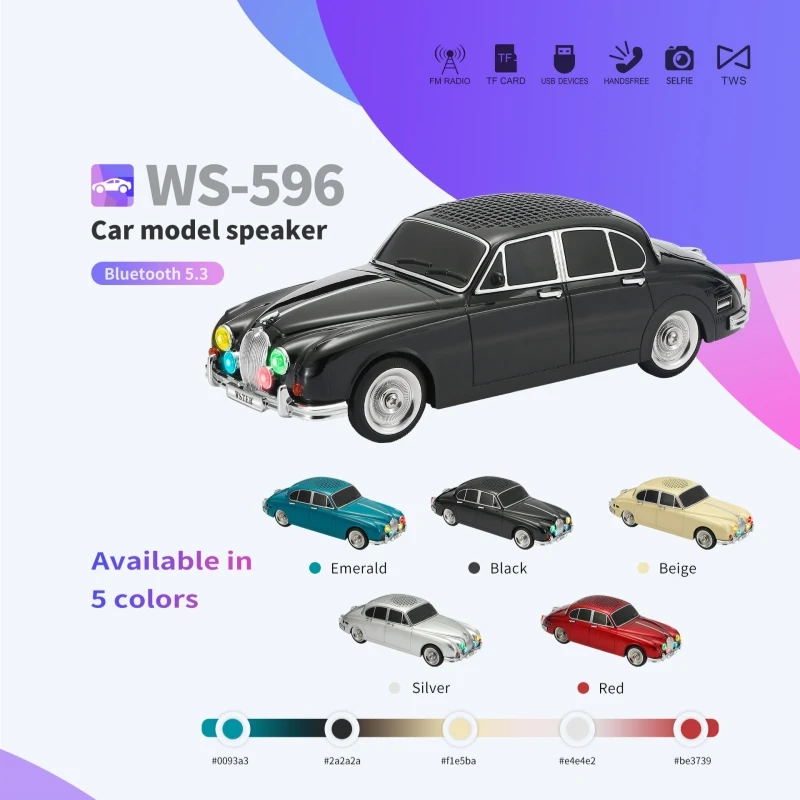 Bass Retro Classic Outdoor Portable Home Wireless WS-596 RGB Bluetooth Car Speakers TF Card /USB Music Play Roadster Jaguar Mark