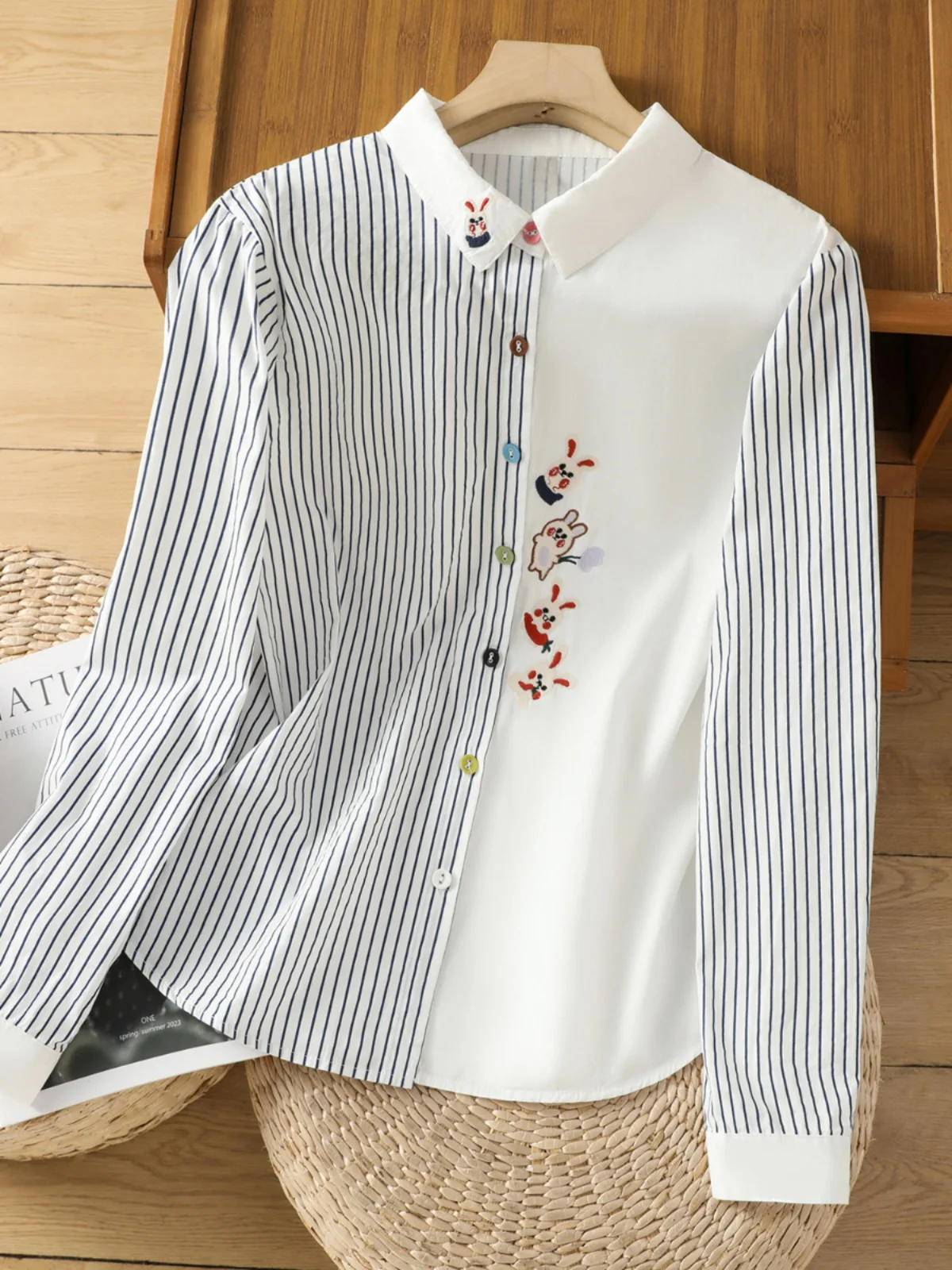 Coupe ample rayure brodé pur coton femmes irt Vintage artistique polyvalent Patchwork décontracté Long Sve boutonné