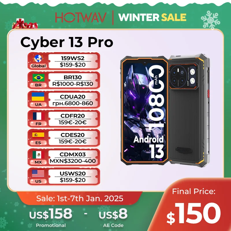 [Мировая премьера] HOTWAV Cyber 13 Pro 20 ГБ + 256 ГБ 6,6 дюйма FHD + 2K 150LM фонарик 64MP Android 13 10800 мАч 20 Вт быстрая зарядка глобальная