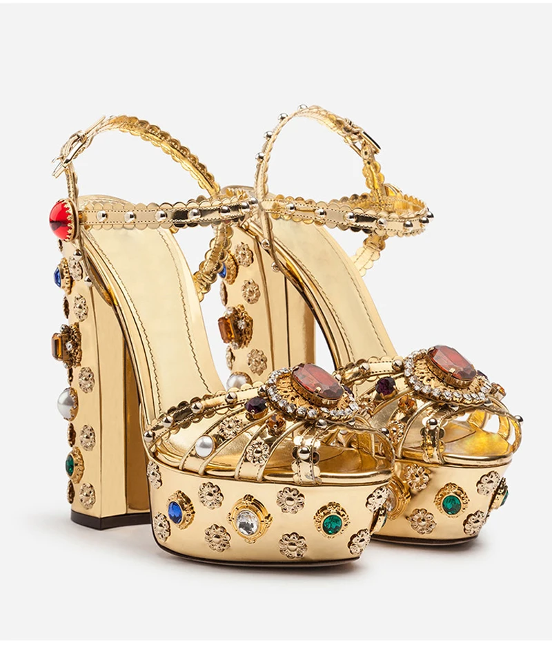 Luxury Gemstone Studded Straps Platform Chunky Heel Sandals Rhinestone Pearl Embellished Women Ankle Strap Buckle Wedding Shoes