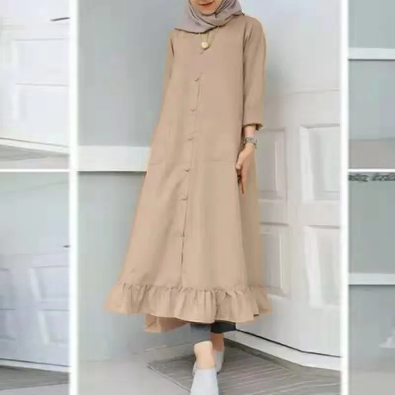 Women Autumn Solid Round Neck Button Pocket Long Sleeved Ruffled Hem Big Swing Long Skirt Dressd Khaki Dresses Elegant Robes New