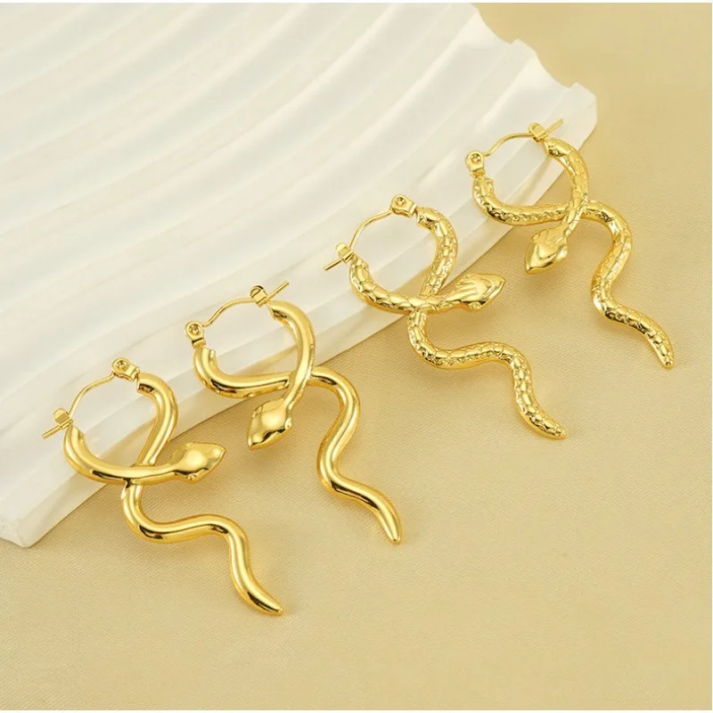 1pair French Light Luxury Temperament Trend Personality Snake Cross Around Smart Snake Earrings Titanium Steel Jewelry