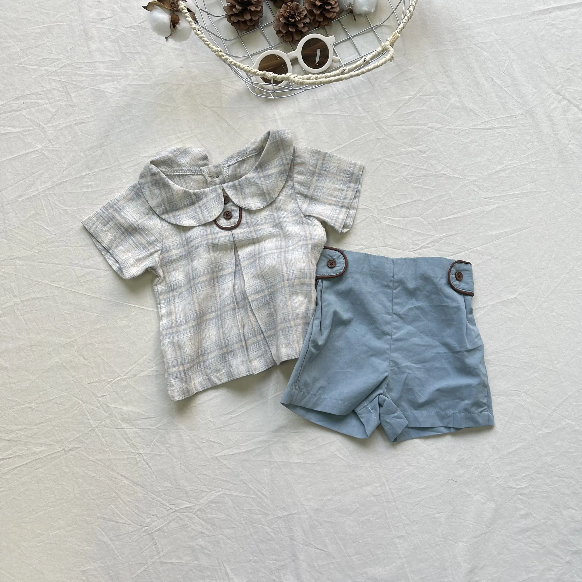 Korean Style Fresh Plaid Solid Color Pants Set Summer Refreshing Lapel Two Piece Set Daily Outdoor Photography