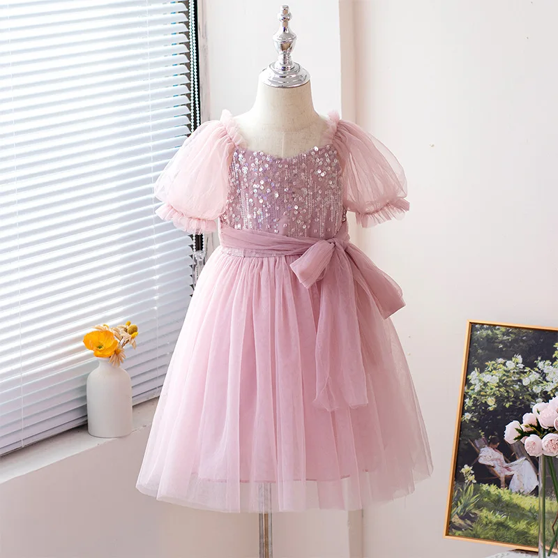 

Girls Dress Summer New Children's Princess Dress Little Girl Mesh Dress Sequin Bow Dress Children's Clothing