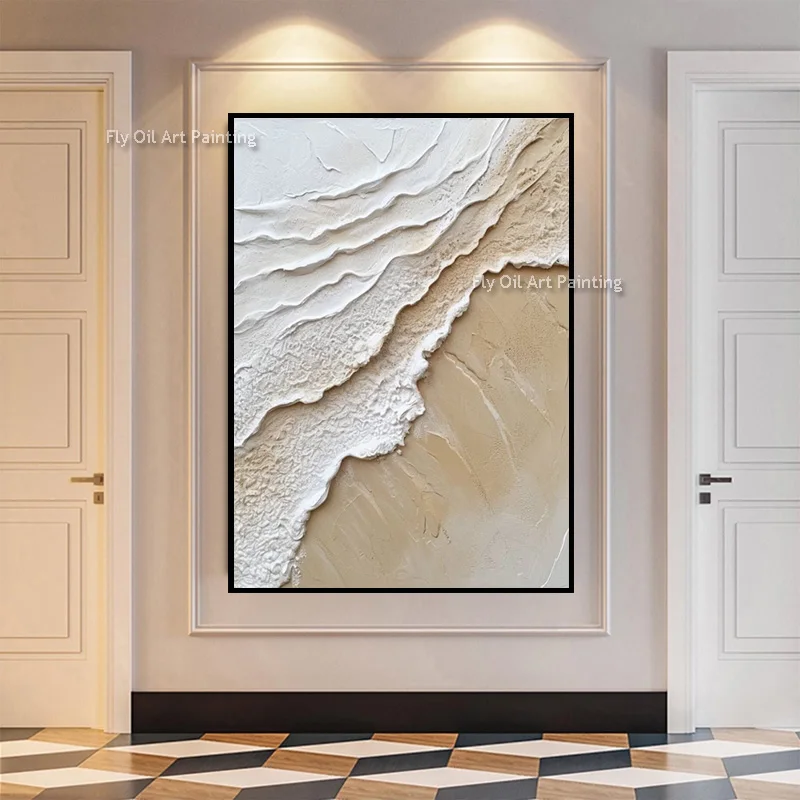 Beige White Abstract Knife Thick Oil Painting New Simplism Design Wall Art Decor For Room Handpainted Pure Beige Canvas Artwork