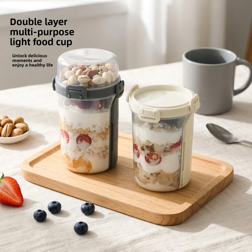 Double Layer Overnight Oats Container, Portable Leakproof Yogurt Cereal Cup, Sealed Snack Fruit Storage Jar for Breakfast Travel