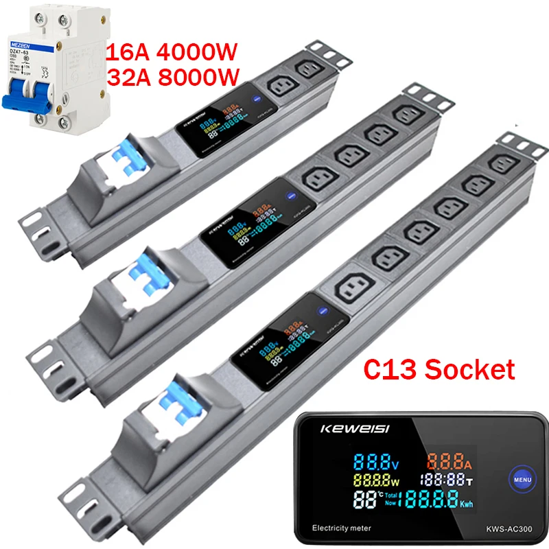 Network cabinet socket 2-10 C13 socket PDU distribution unit digital display power meter 4000/8000W without wires