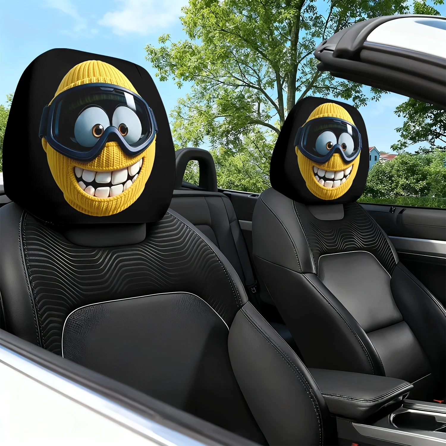 2pcs Yellow Knitted Hat And Ski Goggles with a Cute Expression Theme Printed Car Seat Cushion Headrest Neck Pillow Cover - Fea