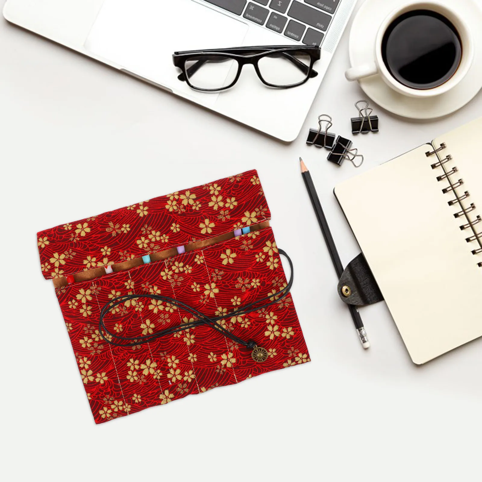 

Vintage Pencil Case Golden Flower Pattern Roll Up Organizers Pencils Storage Wrap Pouch Holder Stationery Box for Women