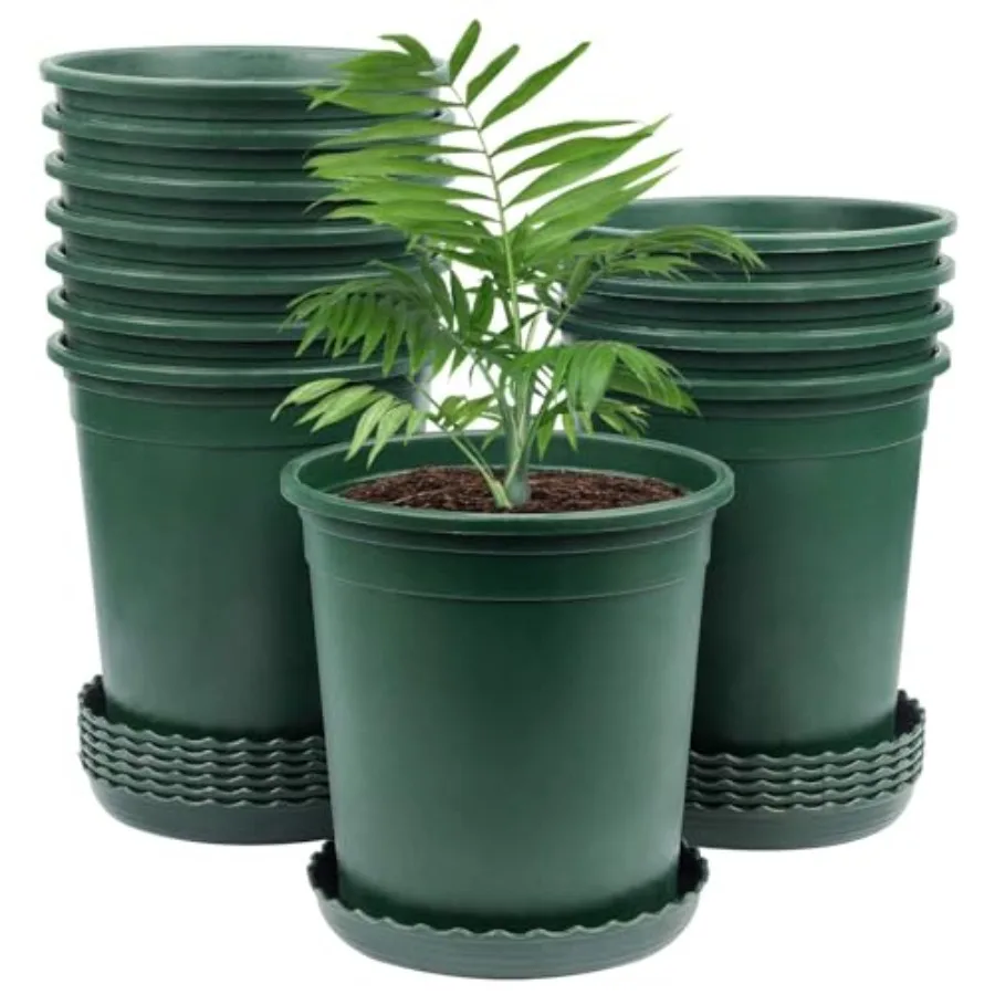 Nursery application: 1-gallon green plastic pots with drainage holes and saucers; ideal for indoor/outdoor plants seedlings suc