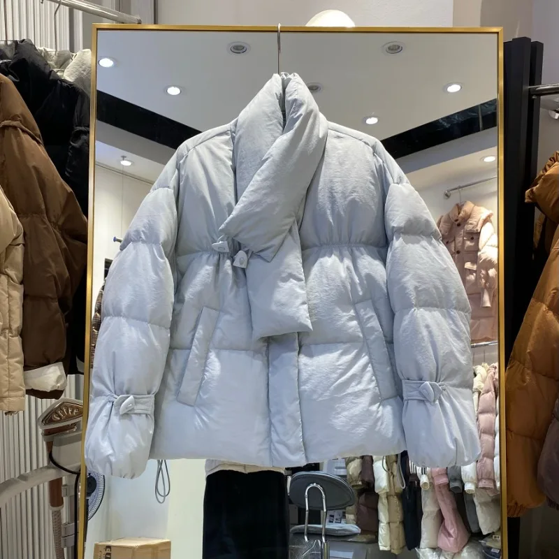 Winter Women's Clothing Buttons Short Down Jacket Scarf Collar New Loose Bread Jacket White Duck Down Coat Warm Luxury Jackets
