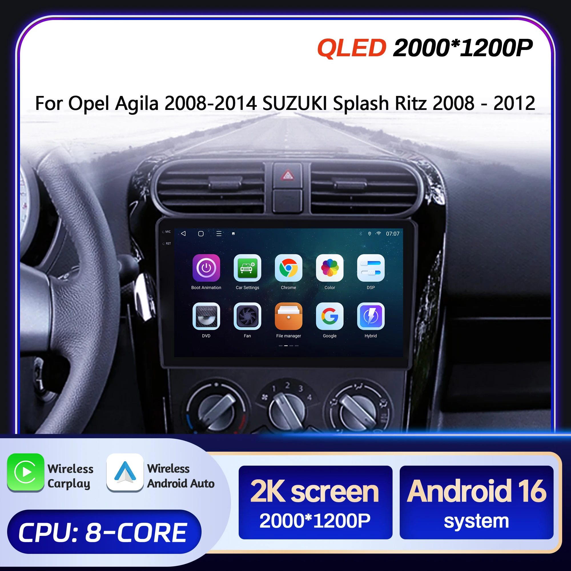 9inch Car Radio Android 16 For Opel Agila 2008-2014 SUZUKI Splash Ritz 2008-2012 BT Carplay Multimedia Navigation 2K QLED Screen