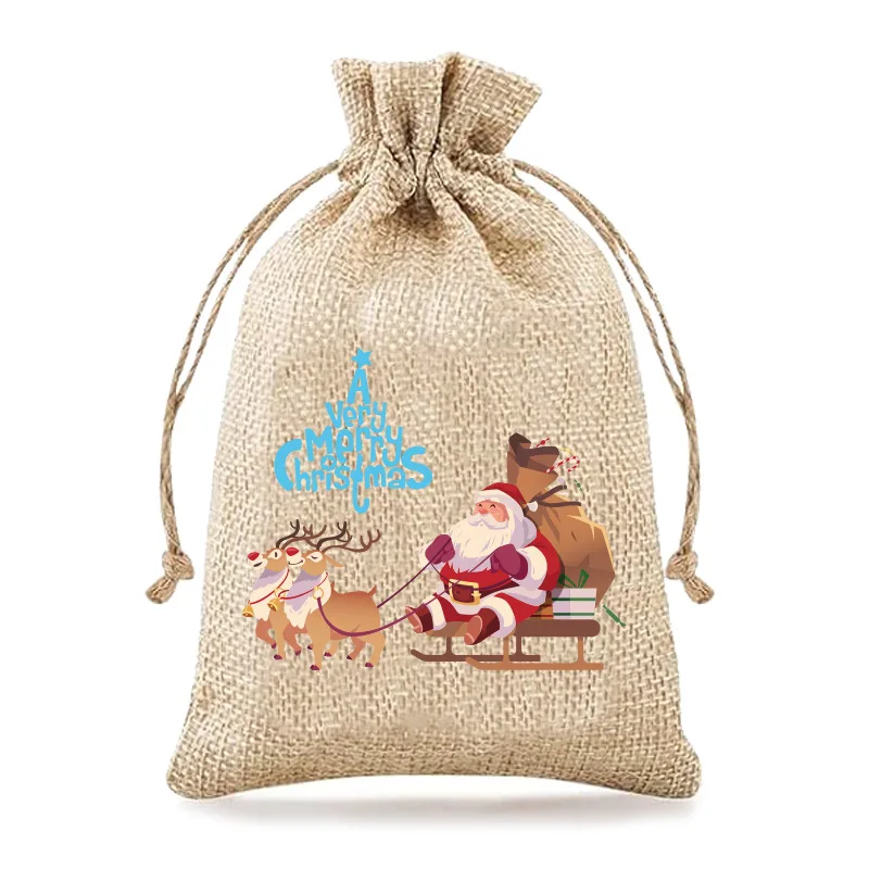 50pcs/lot 10*15cm Christmas Santa Claus Sack Linen Drawstring Bags Children's Party Candy Gift Storage Pouches Packaging Bag