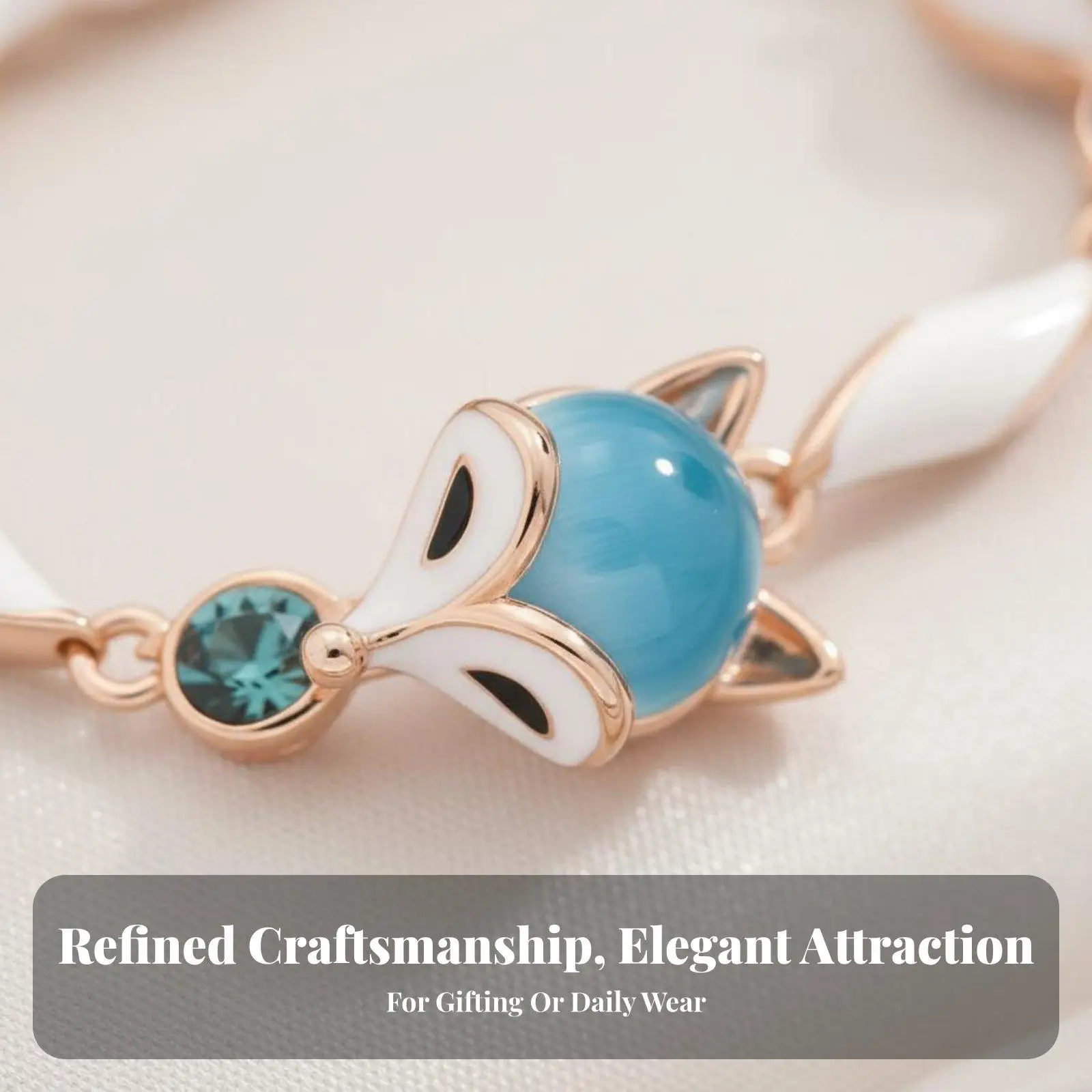 Fox Charm Bracelet Rose Gold Cat Eye Stone Glowing Beads Animal Pendant Jewelry for Women Girls Gift