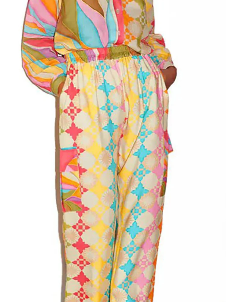 

Стильные рубашки и брюки с длинными рукавами с принтом и лацканами, повседневные свободные женские комплекты из двух предметов, элегантная темпераментная осенняя одежда