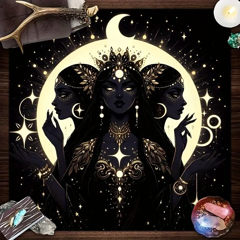 VIKAMA Black Gold Hecate Three Phase Goddess Tarot Tablecloth Altar Divination Spiritual Underworld Divination Desktop Layout