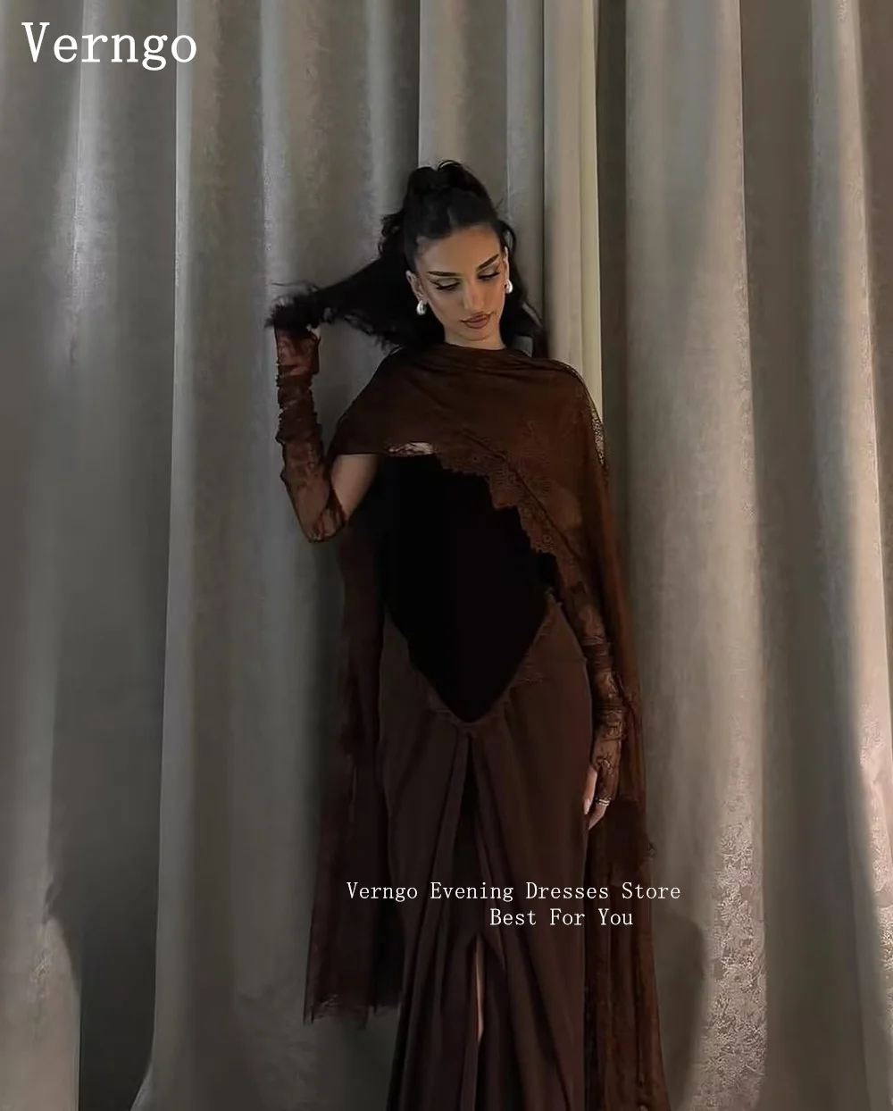 Verngo Brown Velvet Evening Dress High Neck Mermaid Elegant Prom Gowns Slim Arabic Formal Occasion Dresses Customized