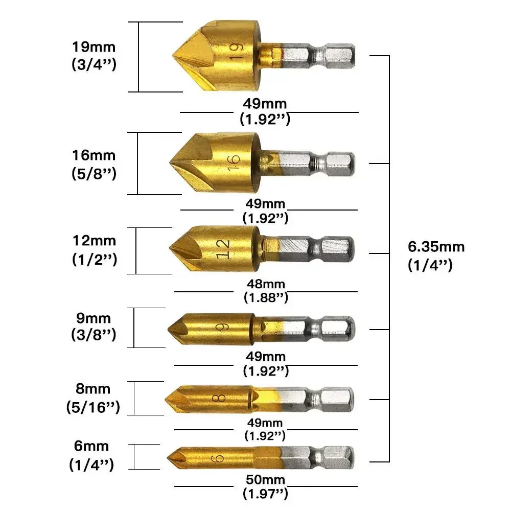 STONEGO 1/6Pcs Hss Countersink Boring Drill Bit Set for Wood Metal Quick Change Drill Bit Tool Hex Chamfer Drill Tool Set