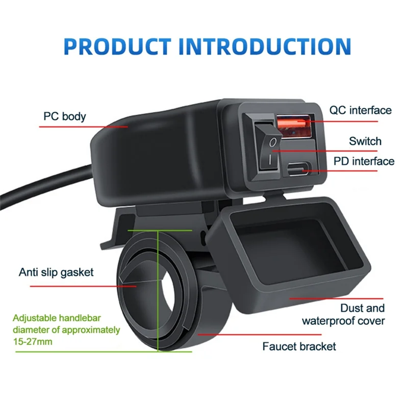 

H5-Universal Motorcycle USB+Type-C Charger QC3.0 Handlebar Fast Charging Waterproof Socket Adapter