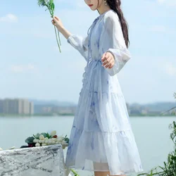 Sweet Academy Style Elegant Ink Print Waist Tie Up Two Piece Chiffon Dress Women Round Neck Lantern Sleeves A-line Long Dresses
