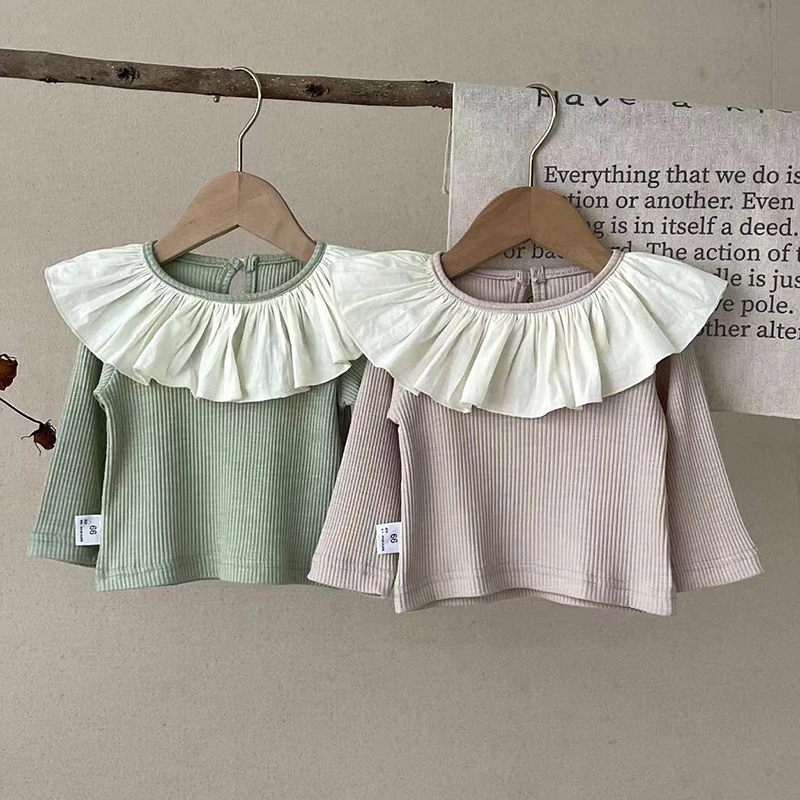 

Autumn Spring 0-3Yrs Infant Baby Girls Clothing Newborn Baby Girls T-shirt Long Sleeved Cotton Solid Color Splicing Pullover